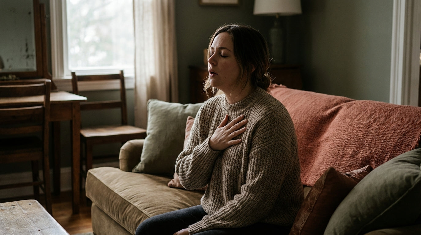 A person sitting still by a window in low morning light