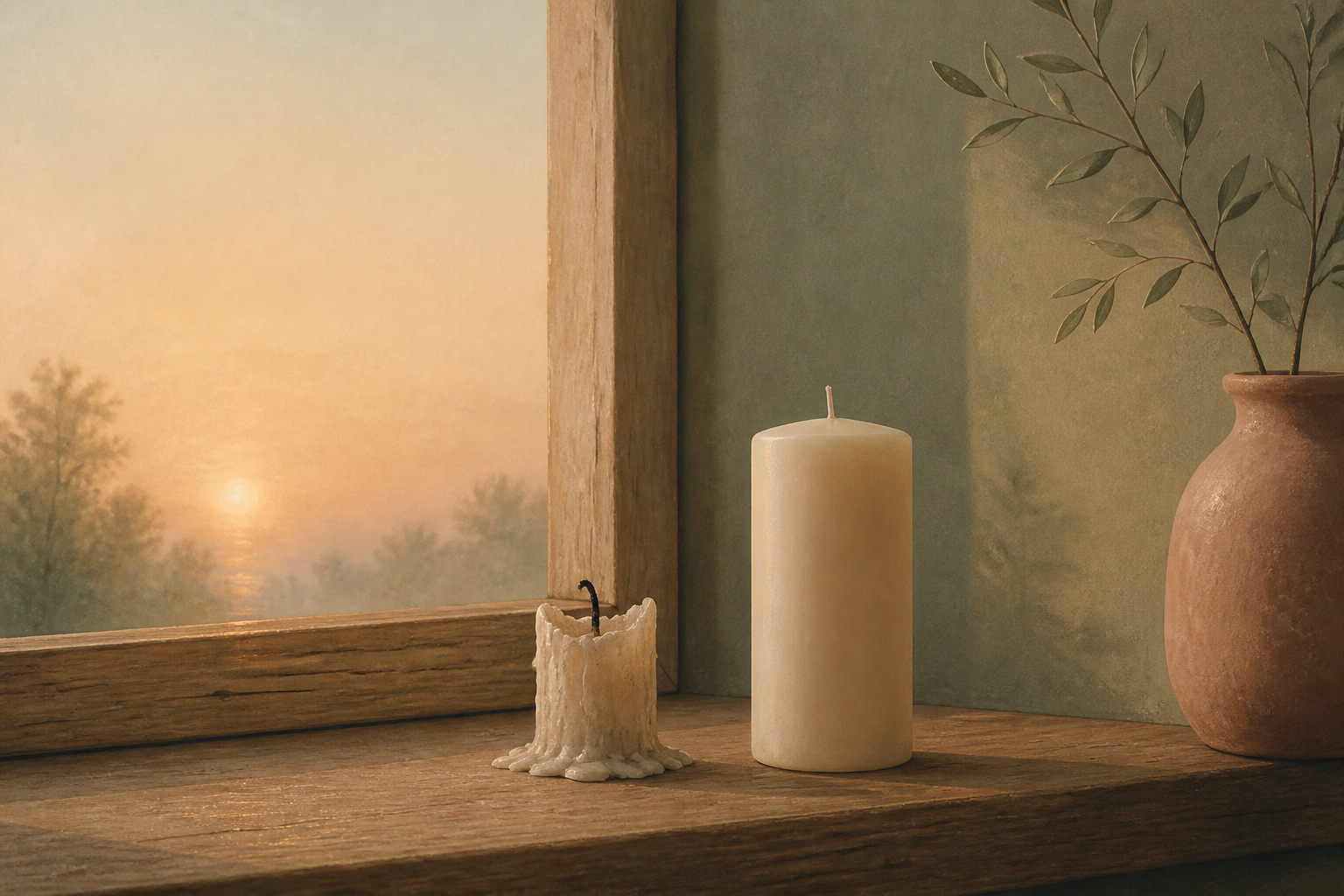 ADHD burnout: a burned-down candle beside a new unlit candle at dawn