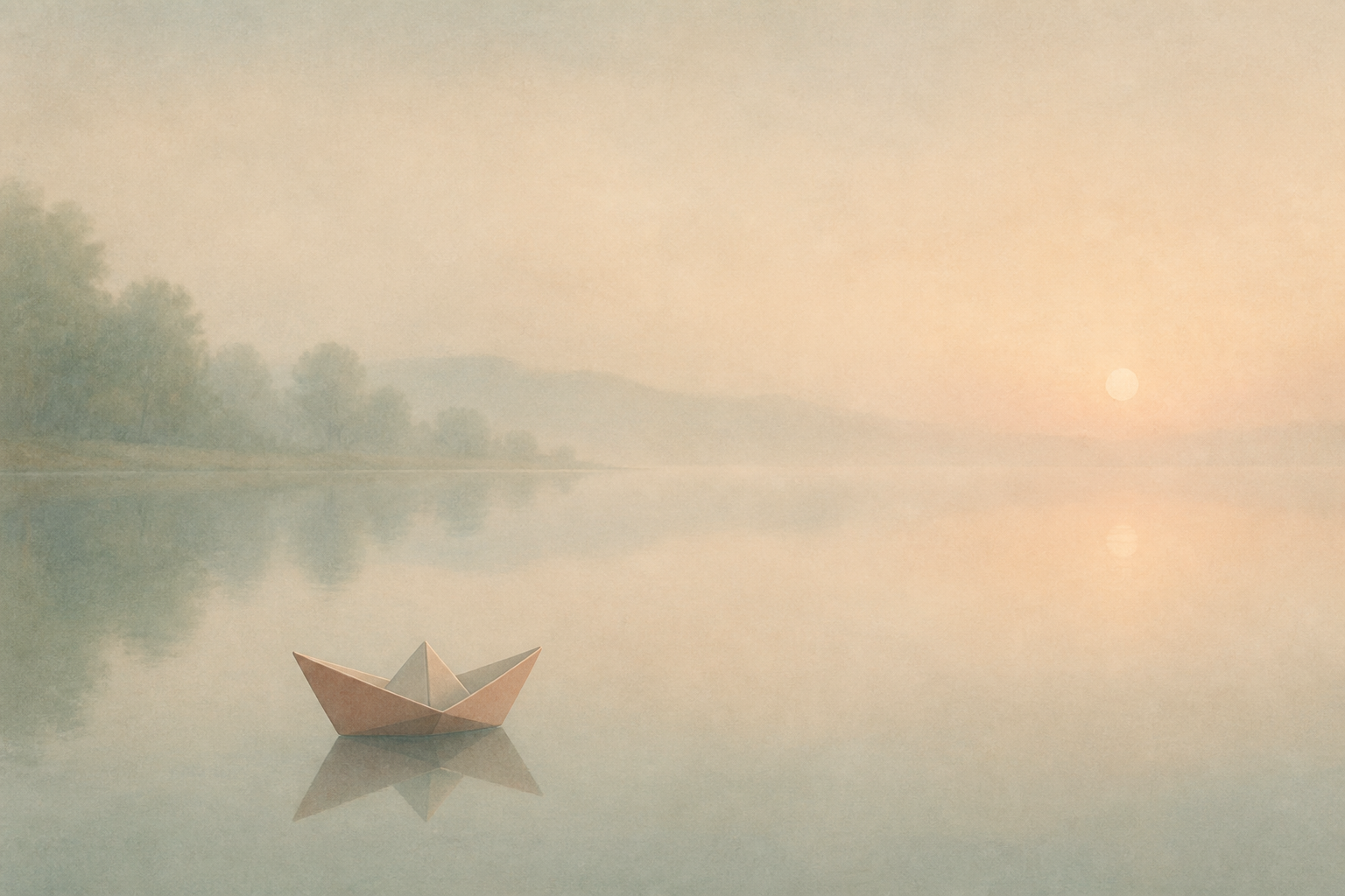 ADHD paralysis: a paper boat resting on completely still water in morning mist