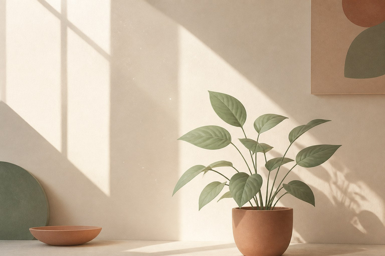 Glimmers: sunlight catching dust motes above a plant