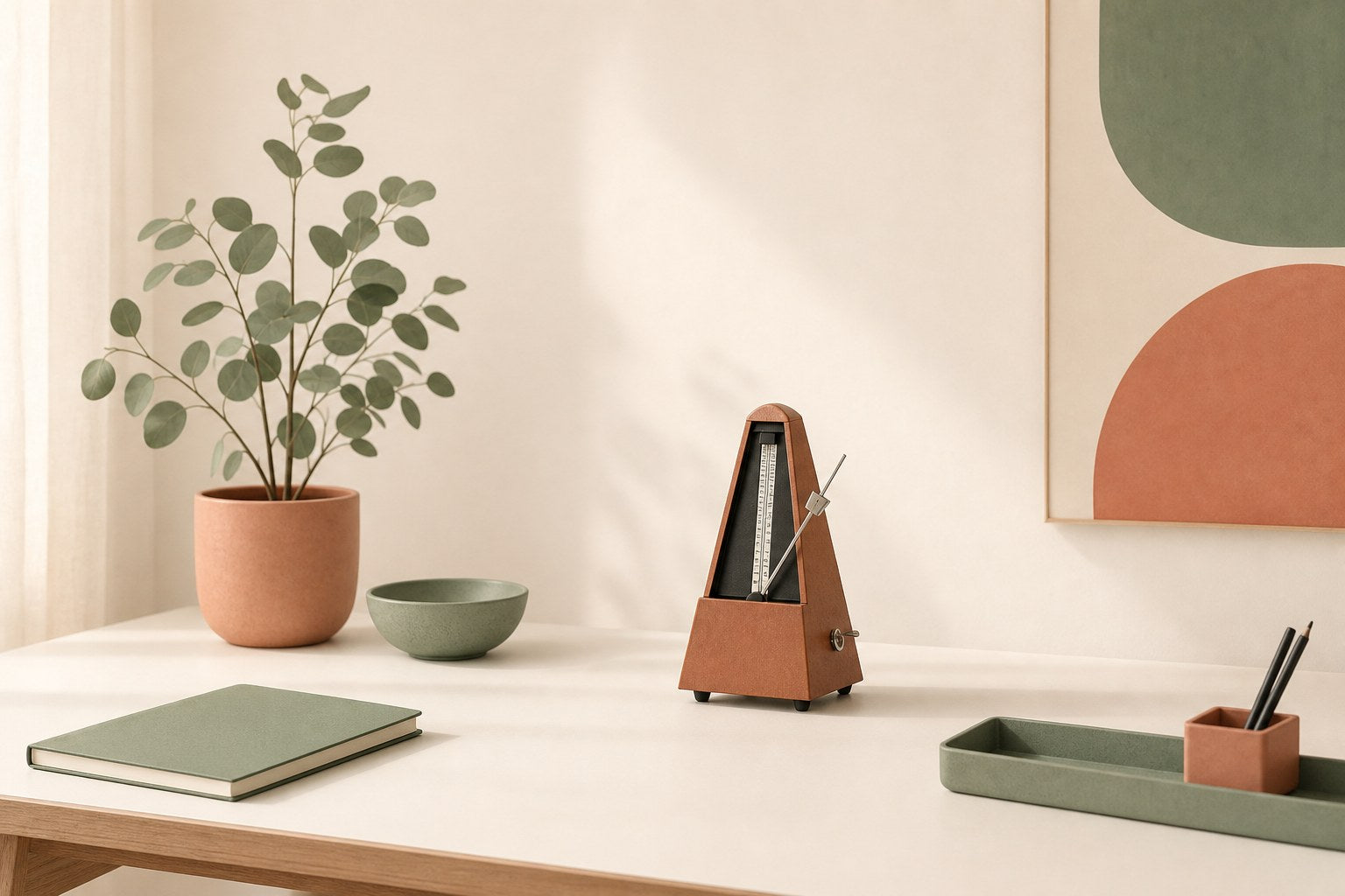 High-functioning anxiety: tidy desk with metronome