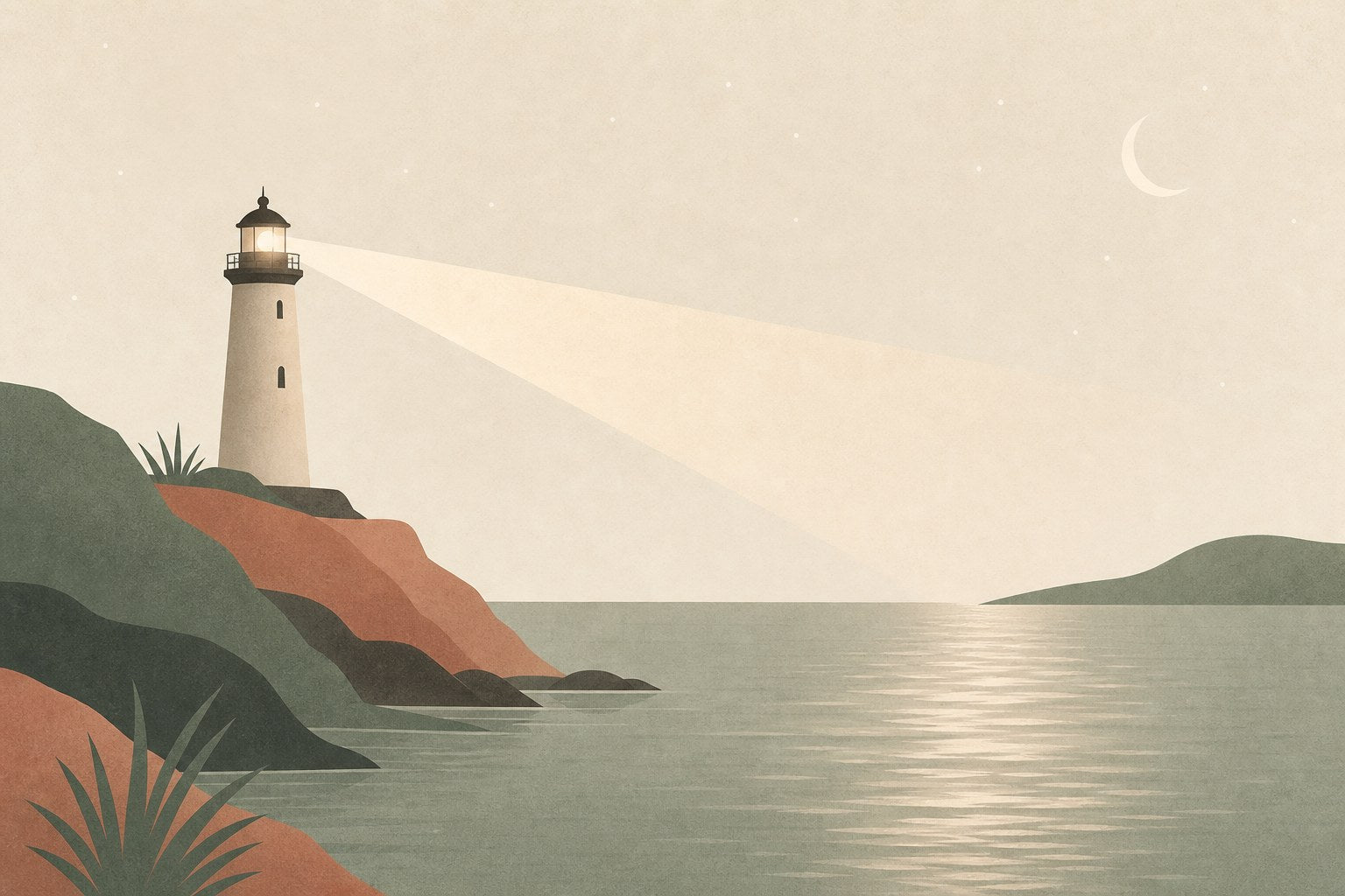 Hypervigilance: lighthouse beam over calm night water
