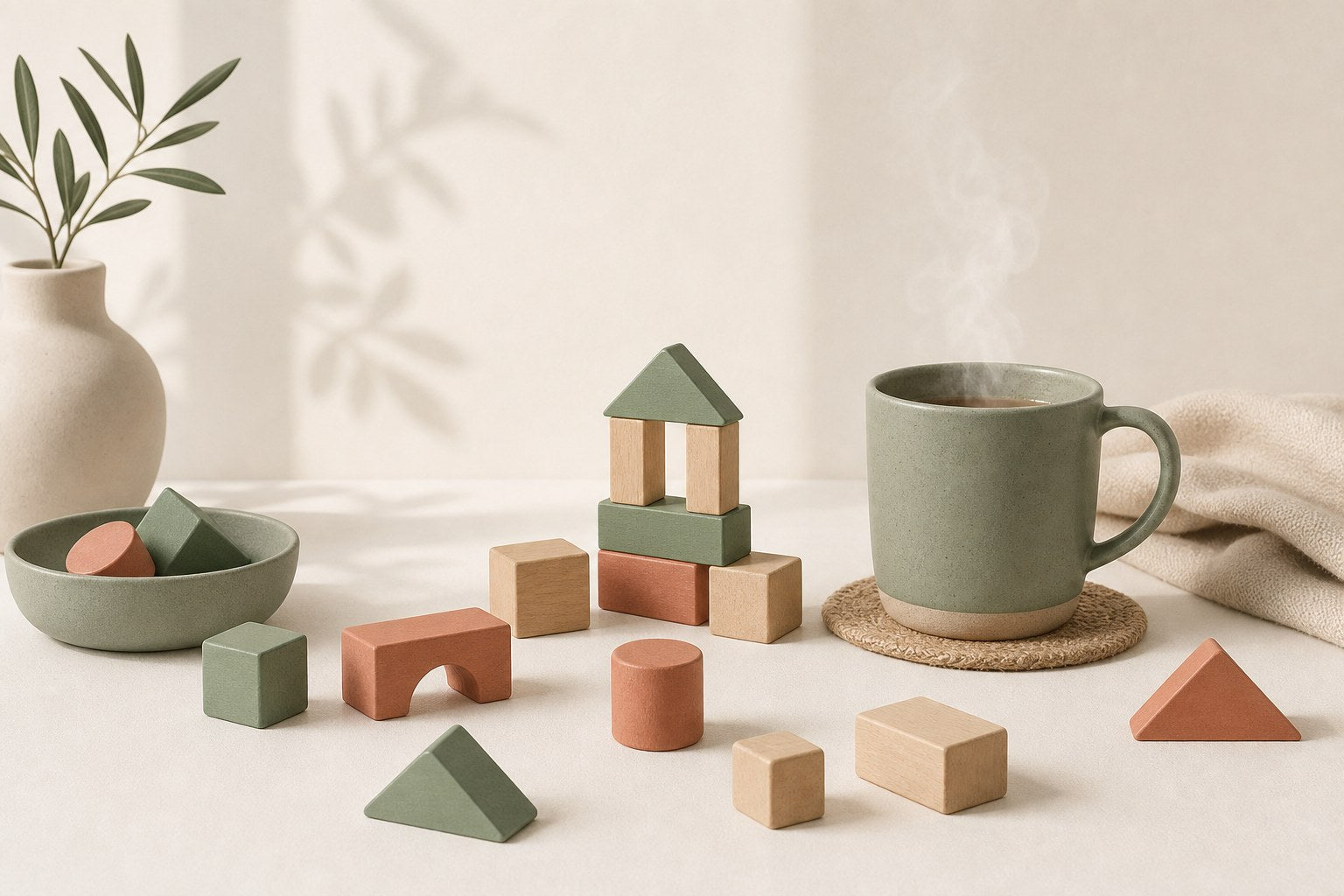 Mom rage and nervous system overload: toy blocks and steaming mug