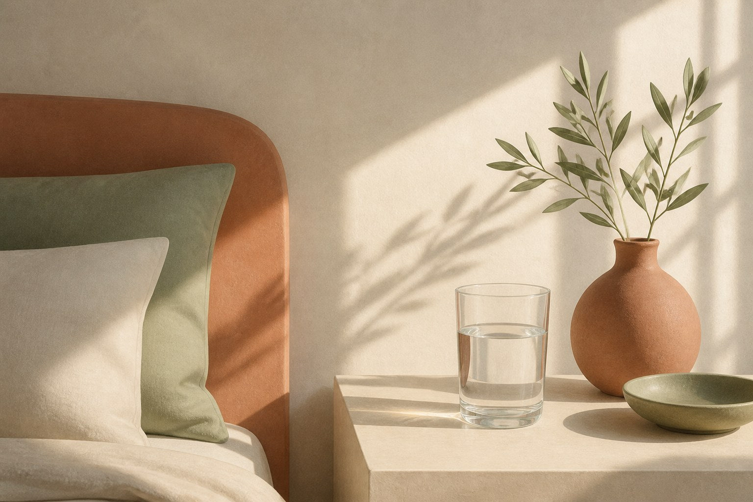Morning anxiety: sunrise on a bedside glass of water