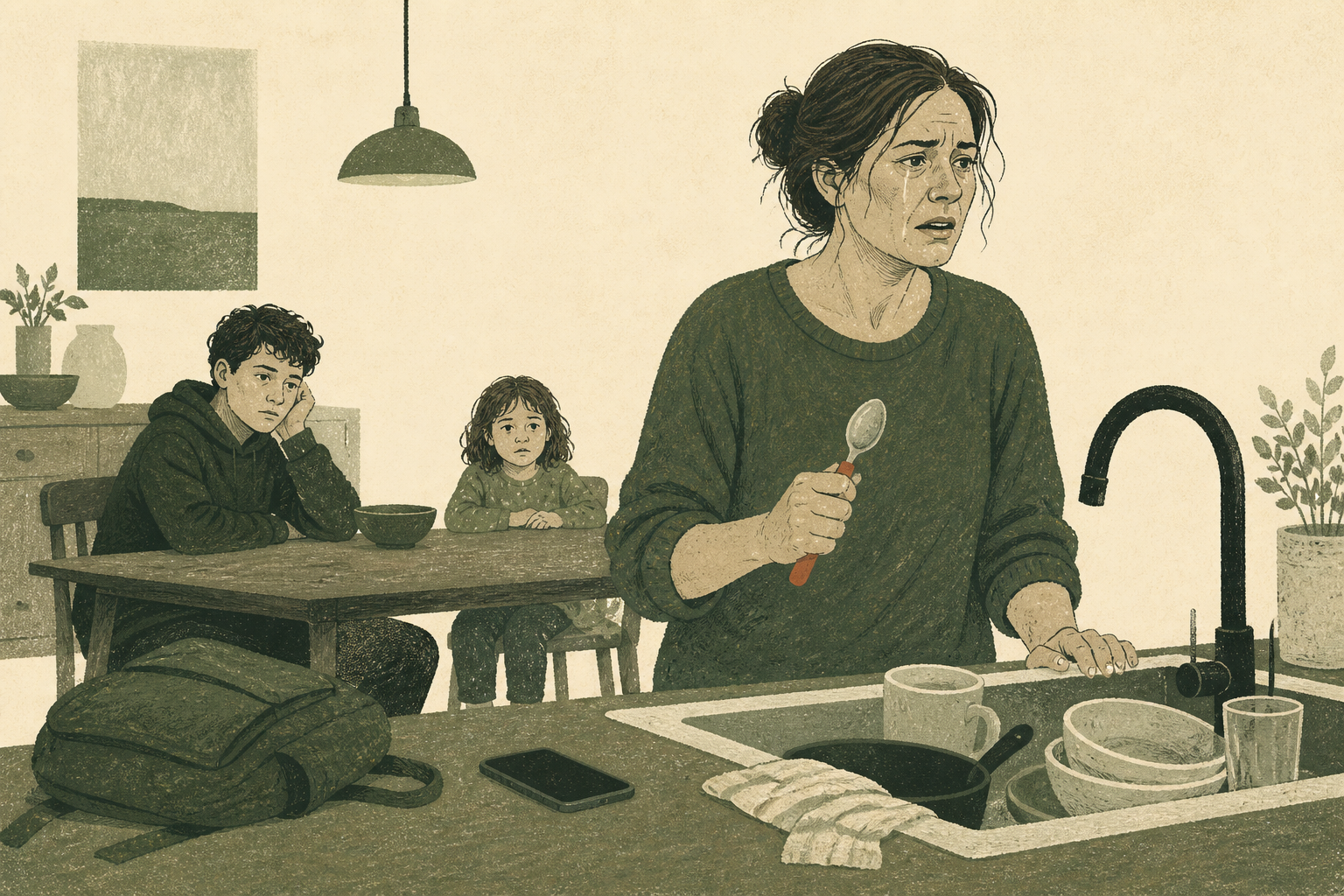 Woman at a kitchen sink holding a spoon, caught between anger and tears, while two children at the table have gone still