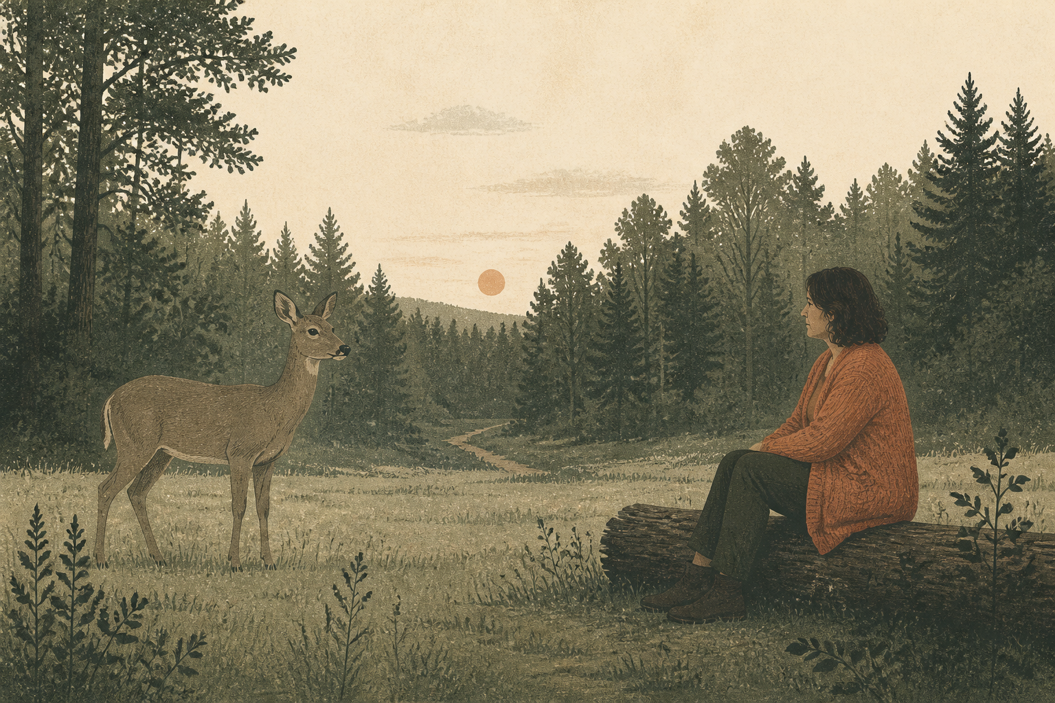 A deer standing perfectly still and alert in a woodland clearing at dusk, a woman sitting on a log watching it