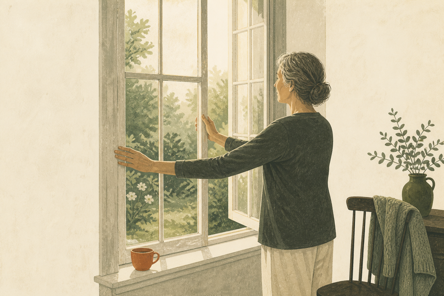 Woman pushing a tall sash window a little wider open, morning garden light coming in