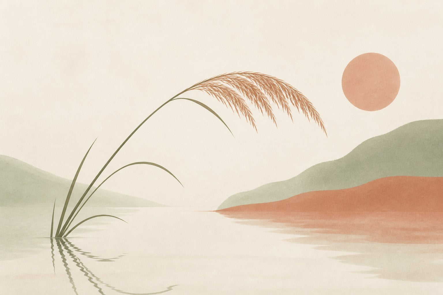 Fawn response guide illustration: a reed bowing over calm water
