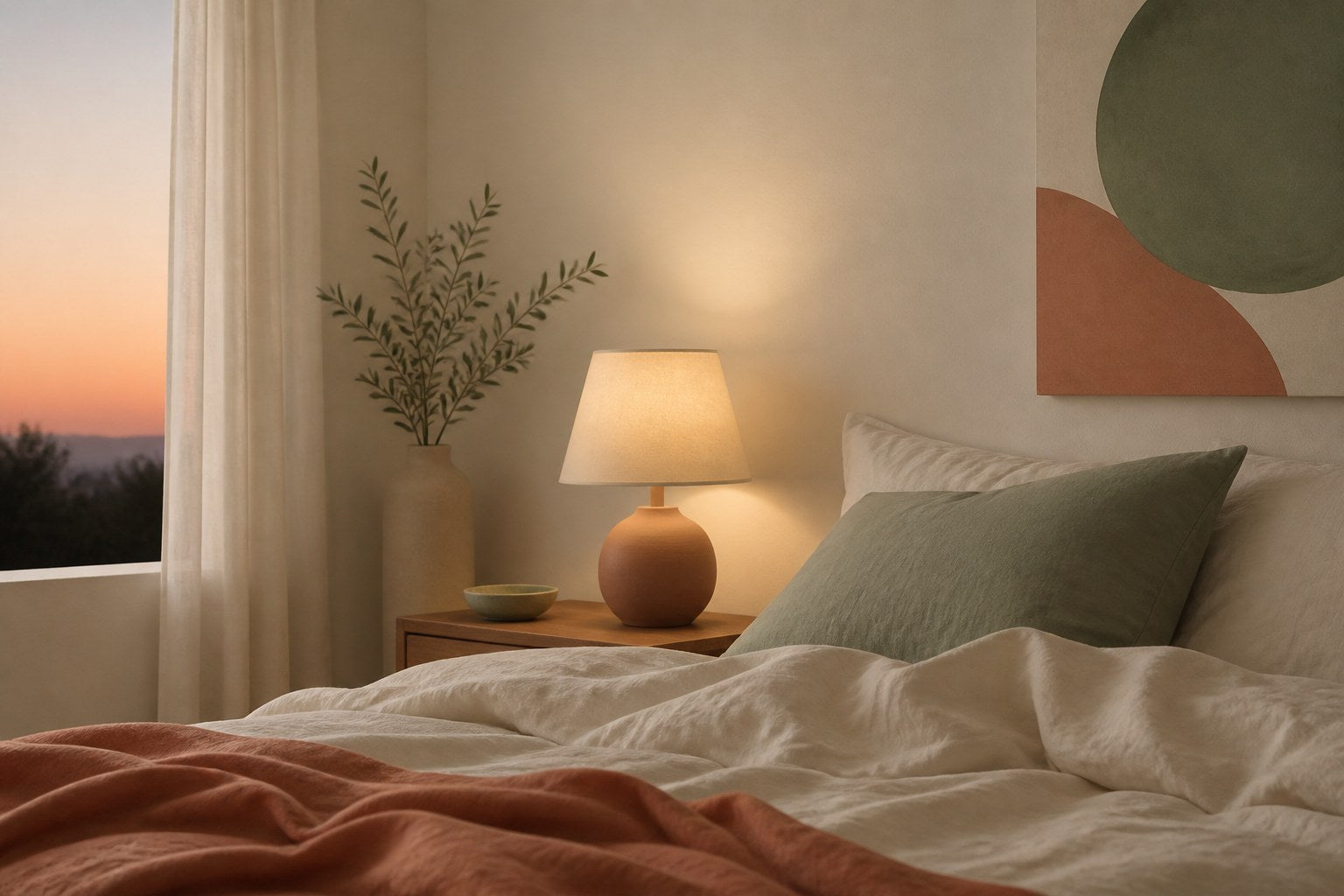 Wired but tired: lit lamp beside bed at dusk