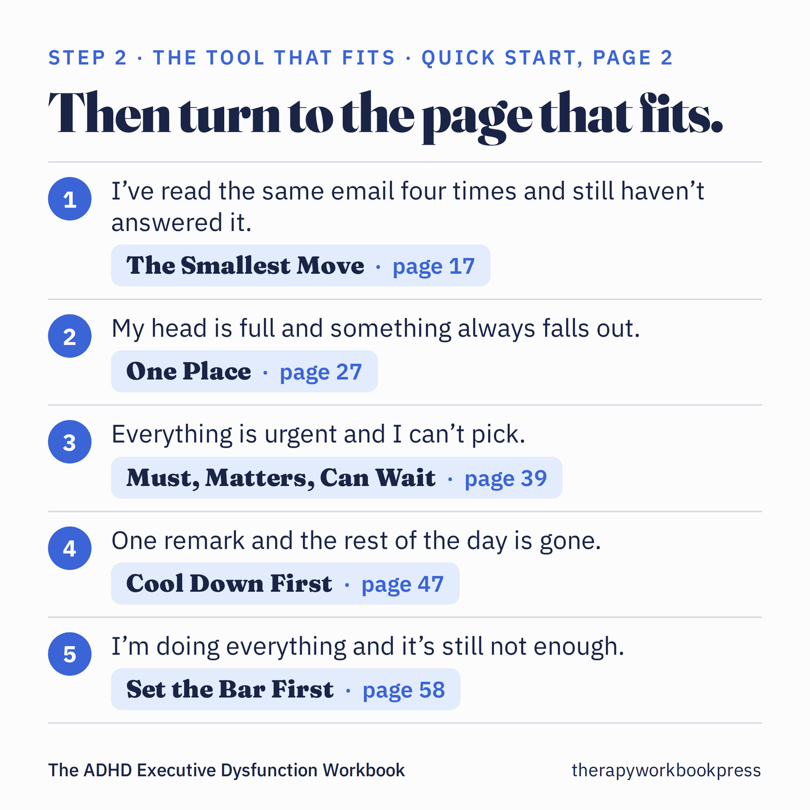 Card showing step 2: five everyday situations from the Quick Start page, each matched to one tool and its page number