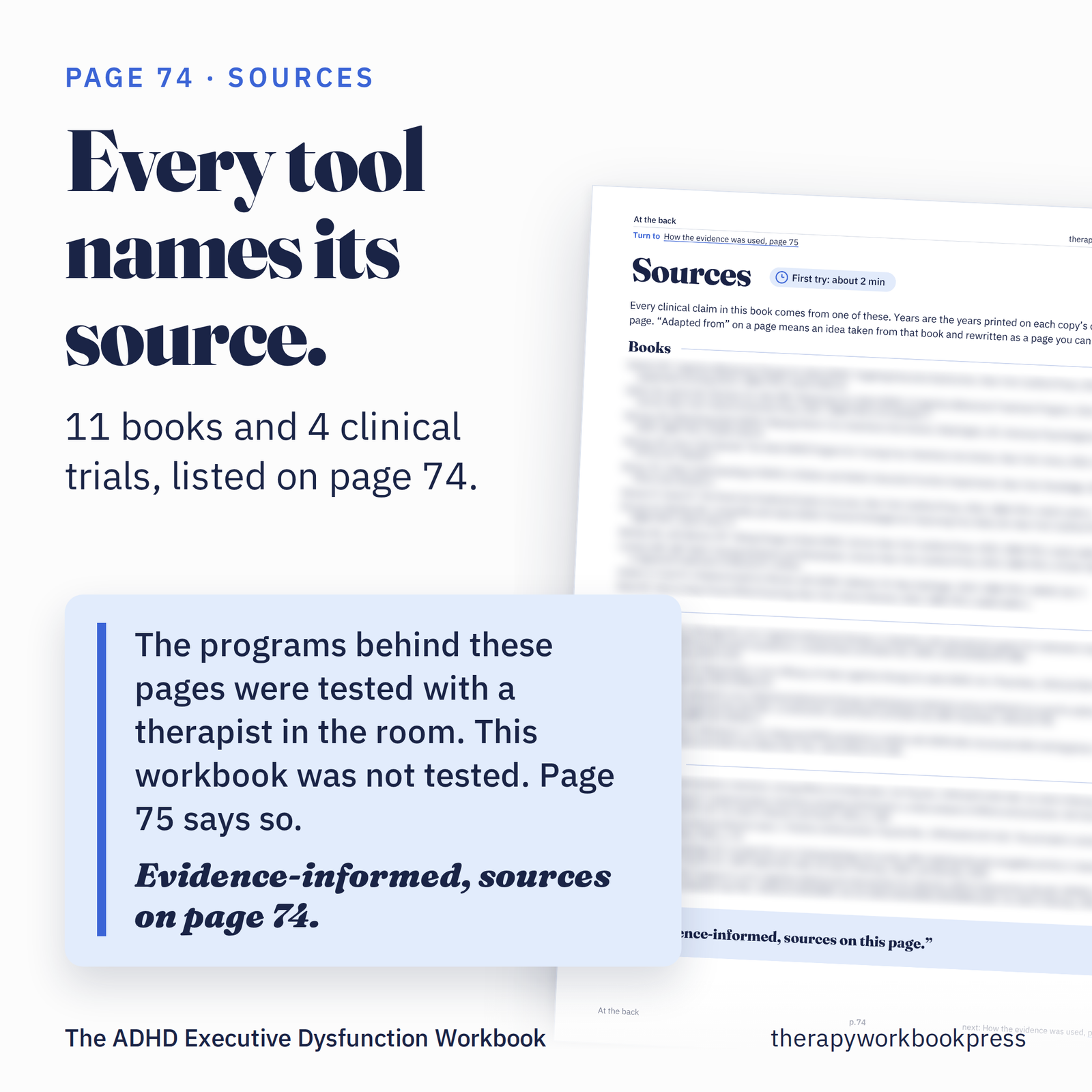 Card: every tool names its source. 11 books and 4 clinical trials are listed on page 74, and the workbook itself was not tested