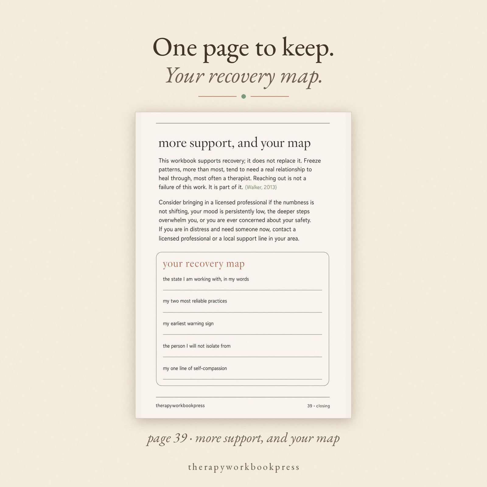 Page 39 of the Functional Freeze Recovery Workbook: more support, and your recovery map