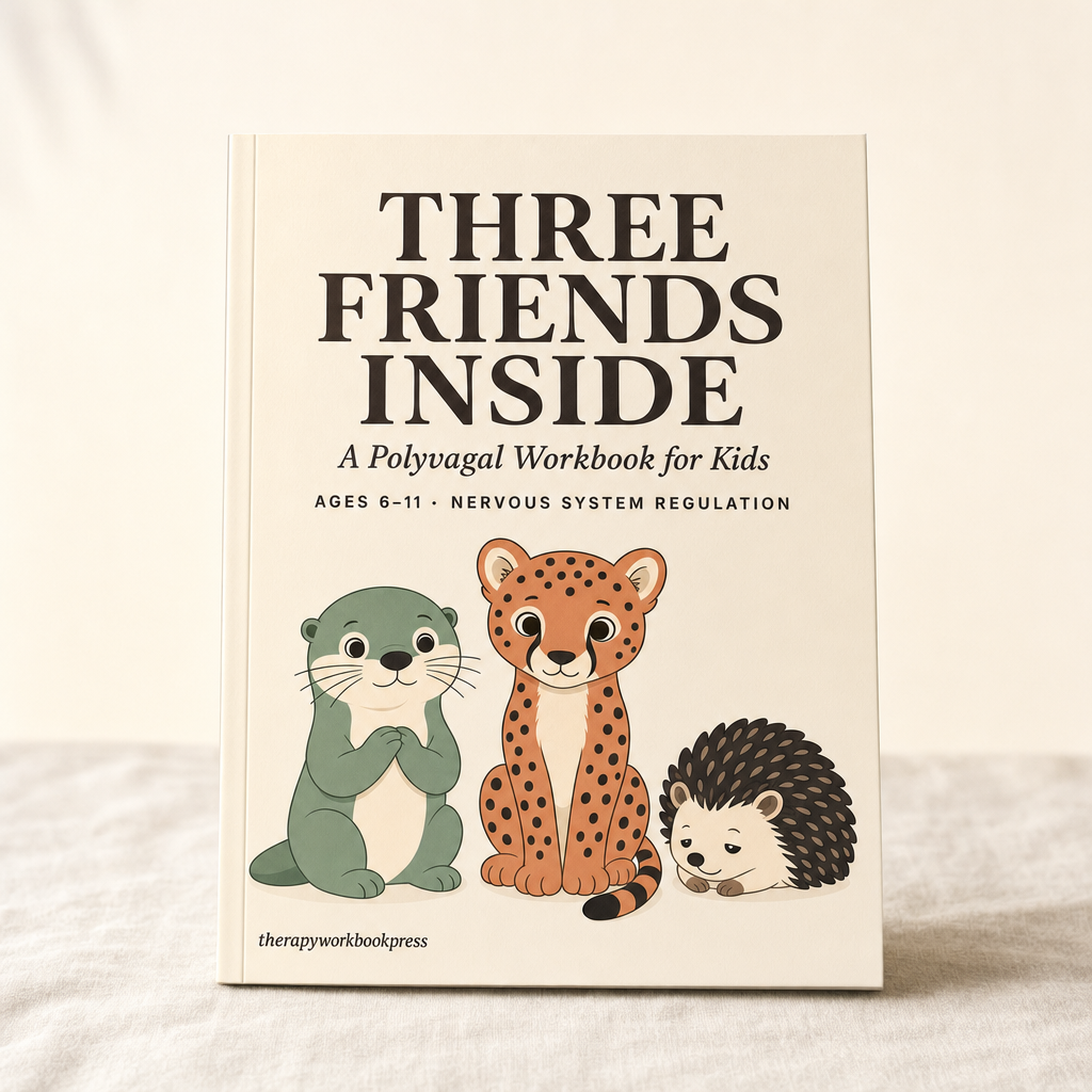 Three Friends Inside cover: the polyvagal map built for a child, with Otter, Cheetah and Hedgehog. 18 somatic practices, 5 parts, clinician notes.