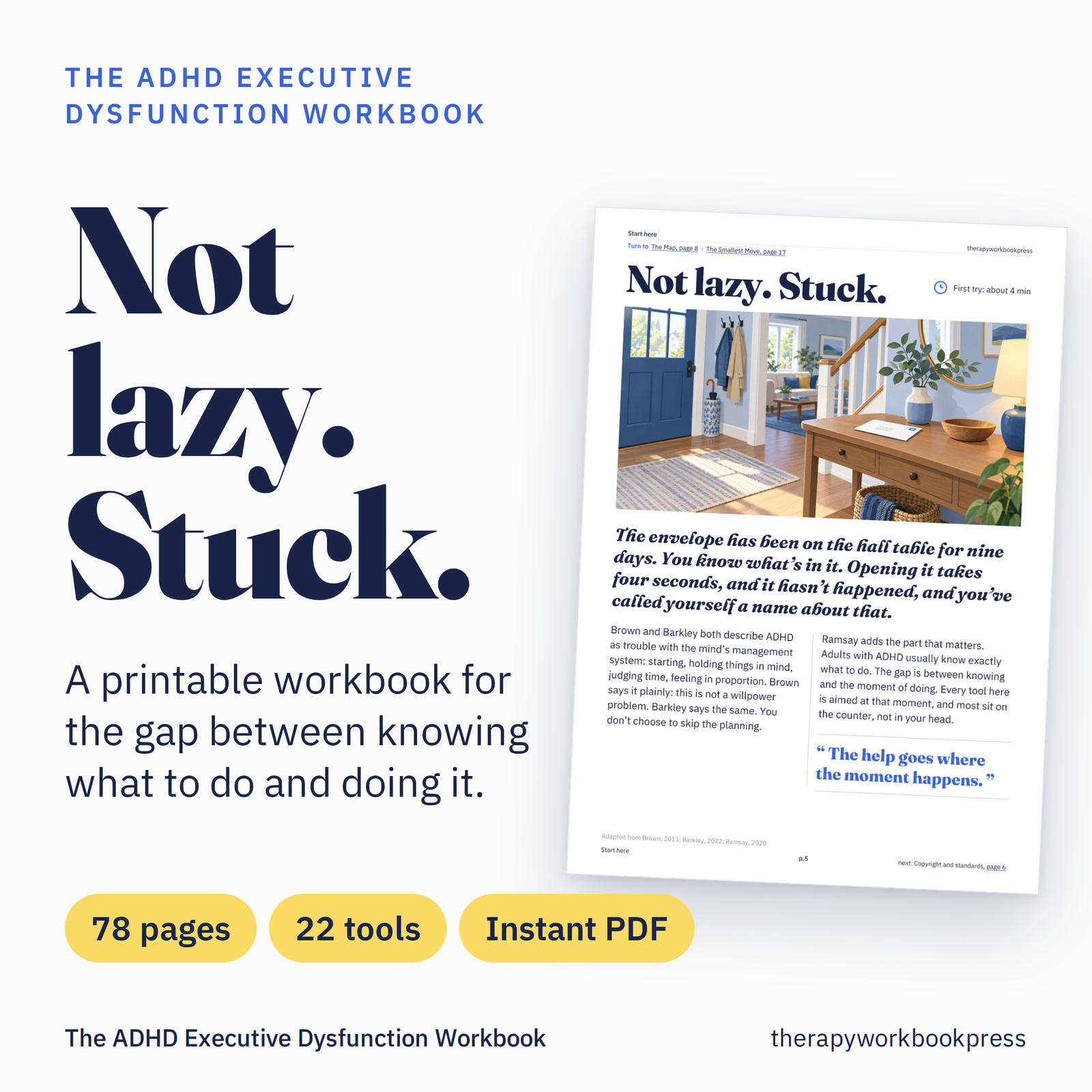 Card reading Not lazy. Stuck. beside page 5 of the ADHD Executive Dysfunction Workbook, a 78-page printable PDF with 22 tools