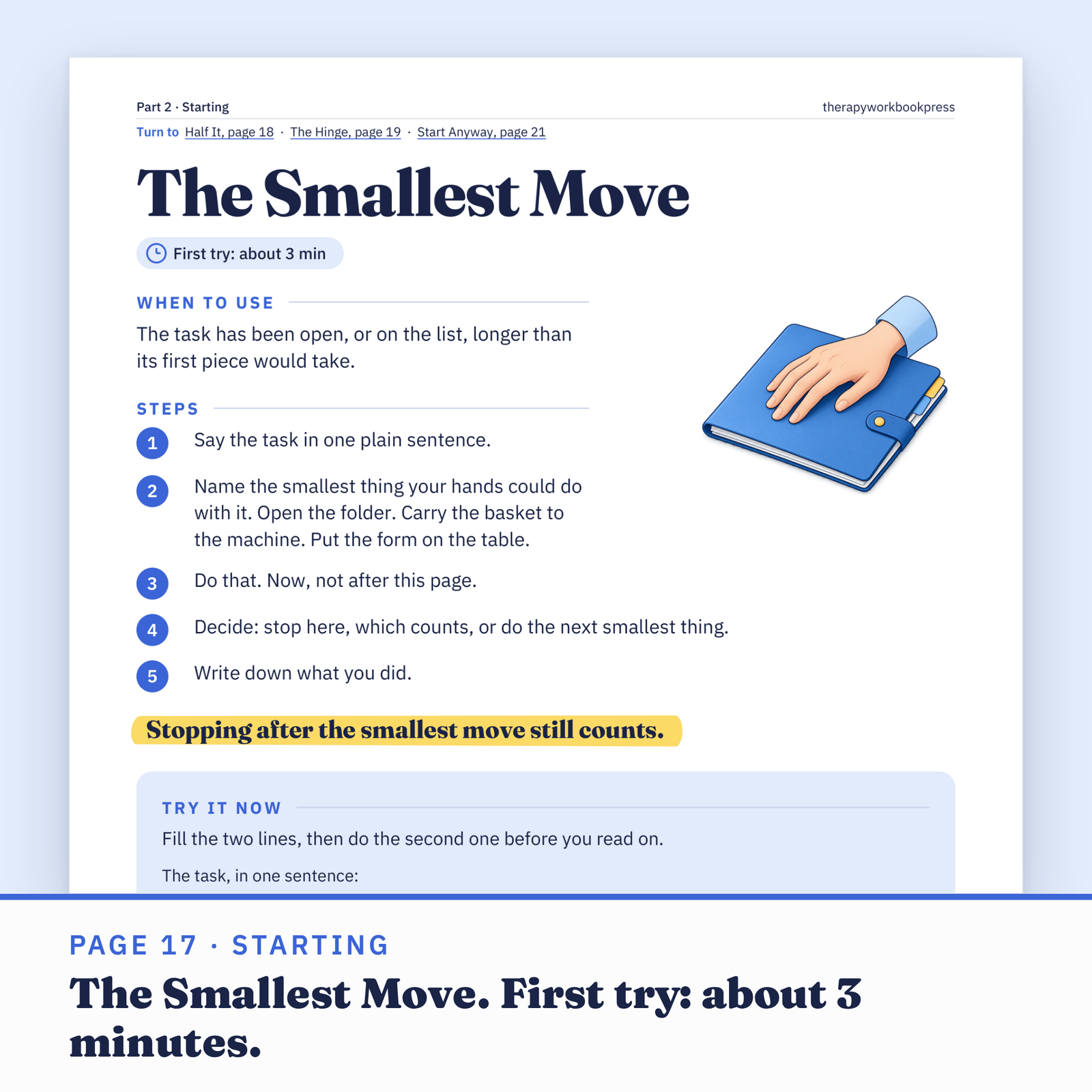 Page 17 of the workbook, The Smallest Move: when to use it, 5 steps and a try it now box