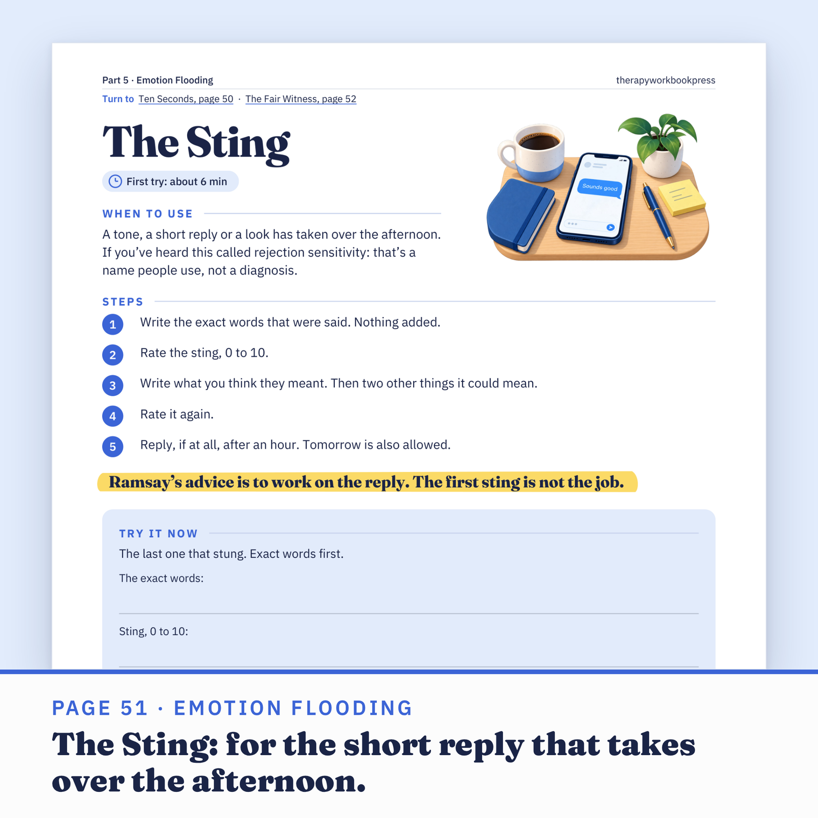Page 51 of the workbook, The Sting: a one-page tool for when a tone or a short reply has taken over the afternoon