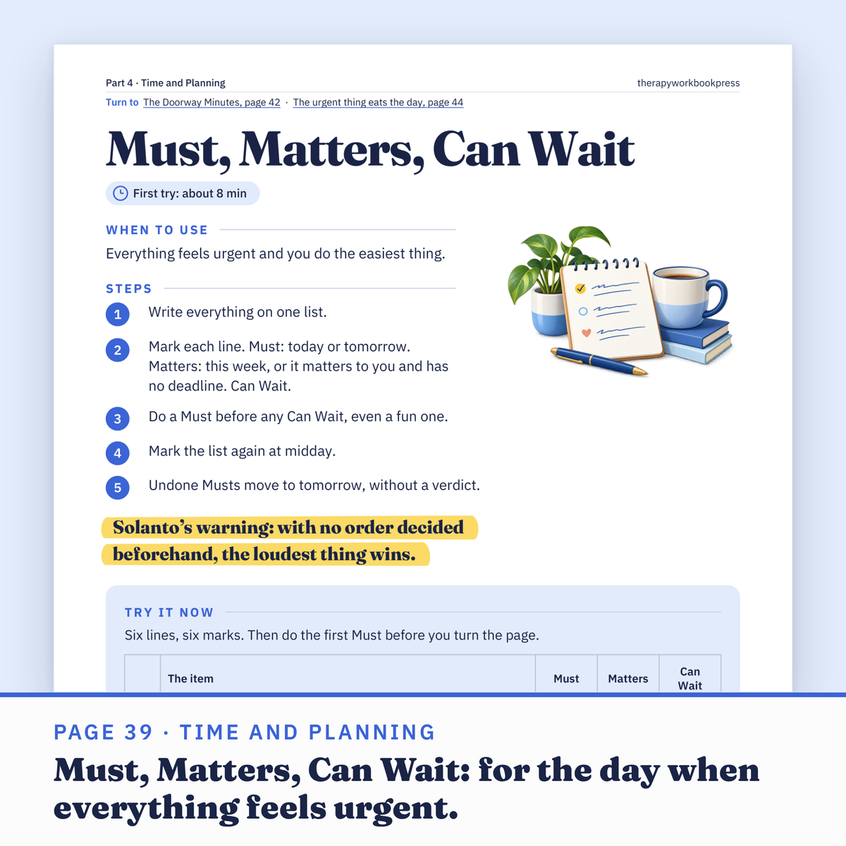 Page 39 of the workbook, Must, Matters, Can Wait: one list with each line marked Must, Matters or Can Wait