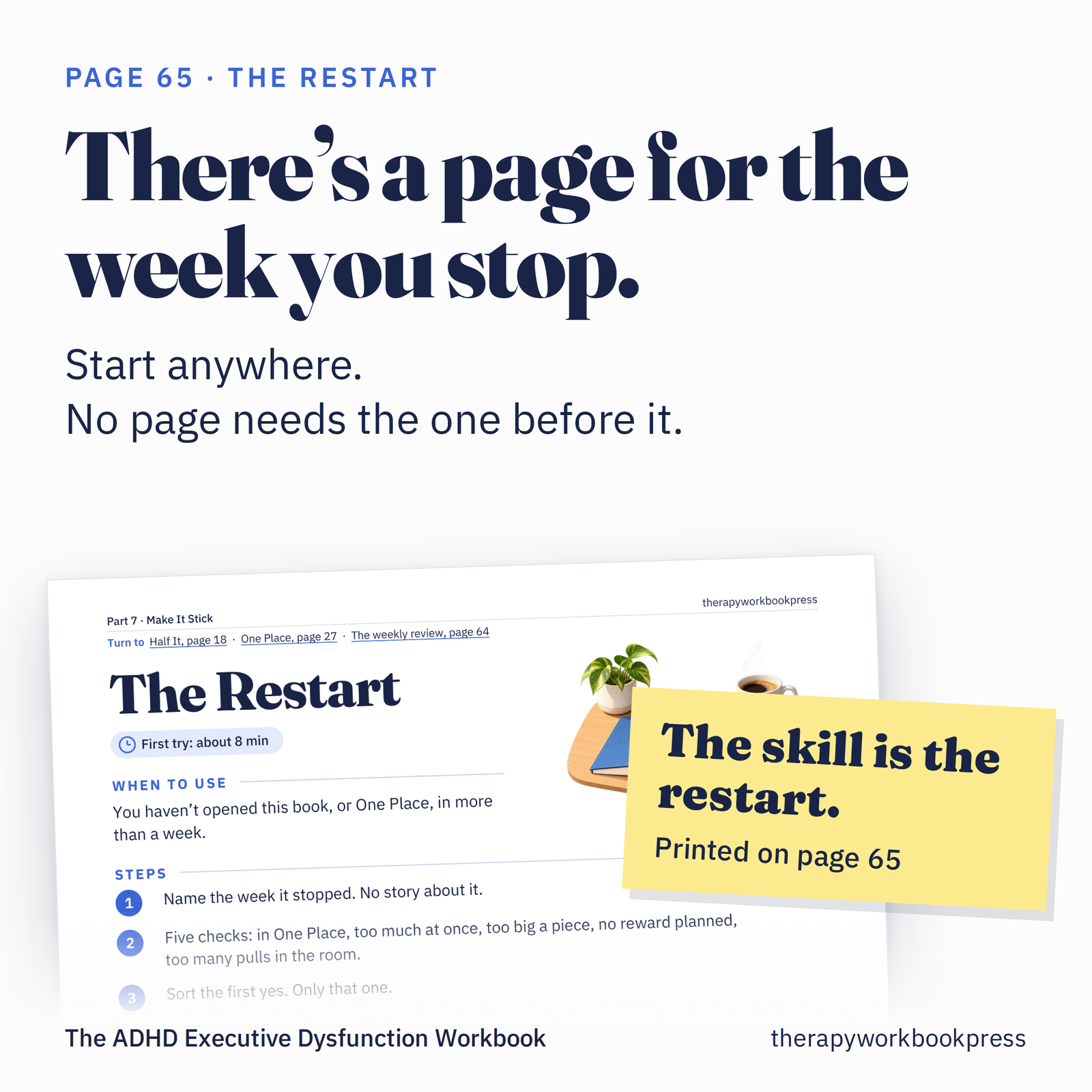 Card showing page 65, The Restart, the page for the week the workbook has not been opened