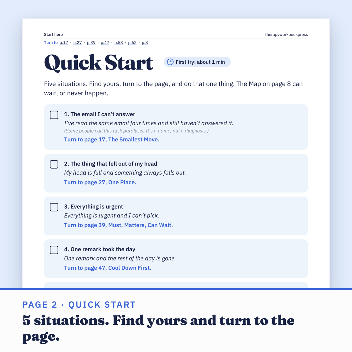 Page 2 of the workbook, Quick Start: 5 situations, each with the page to turn to