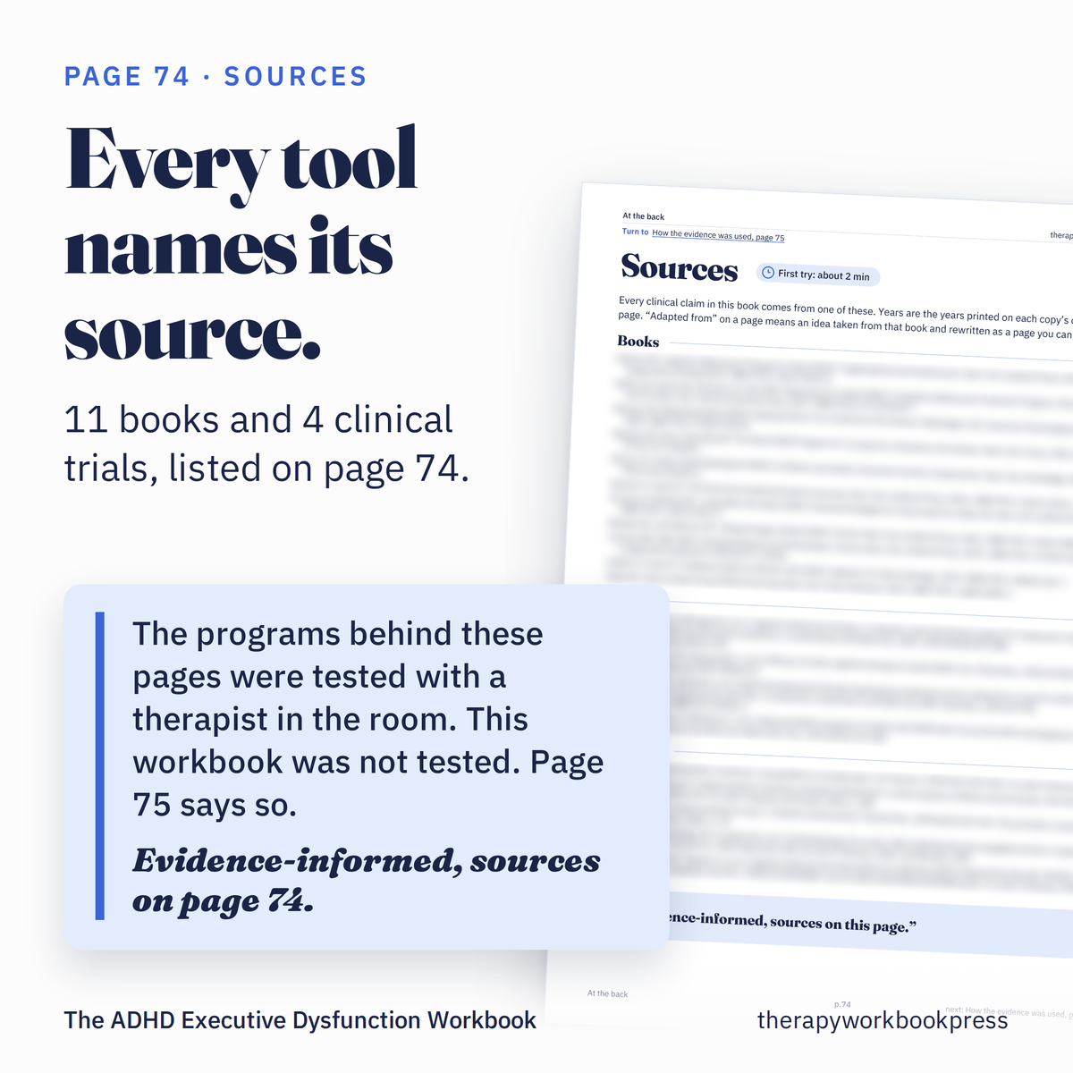 Card: every tool names its source. 11 books and 4 clinical trials are listed on page 74, and the workbook itself was not tested