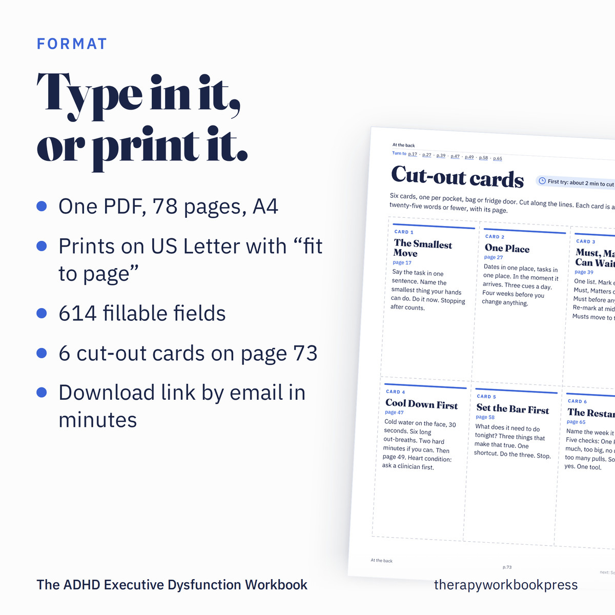 Format card: one fillable 78-page A4 PDF that prints on US Letter, with 6 cut-out cards and instant download