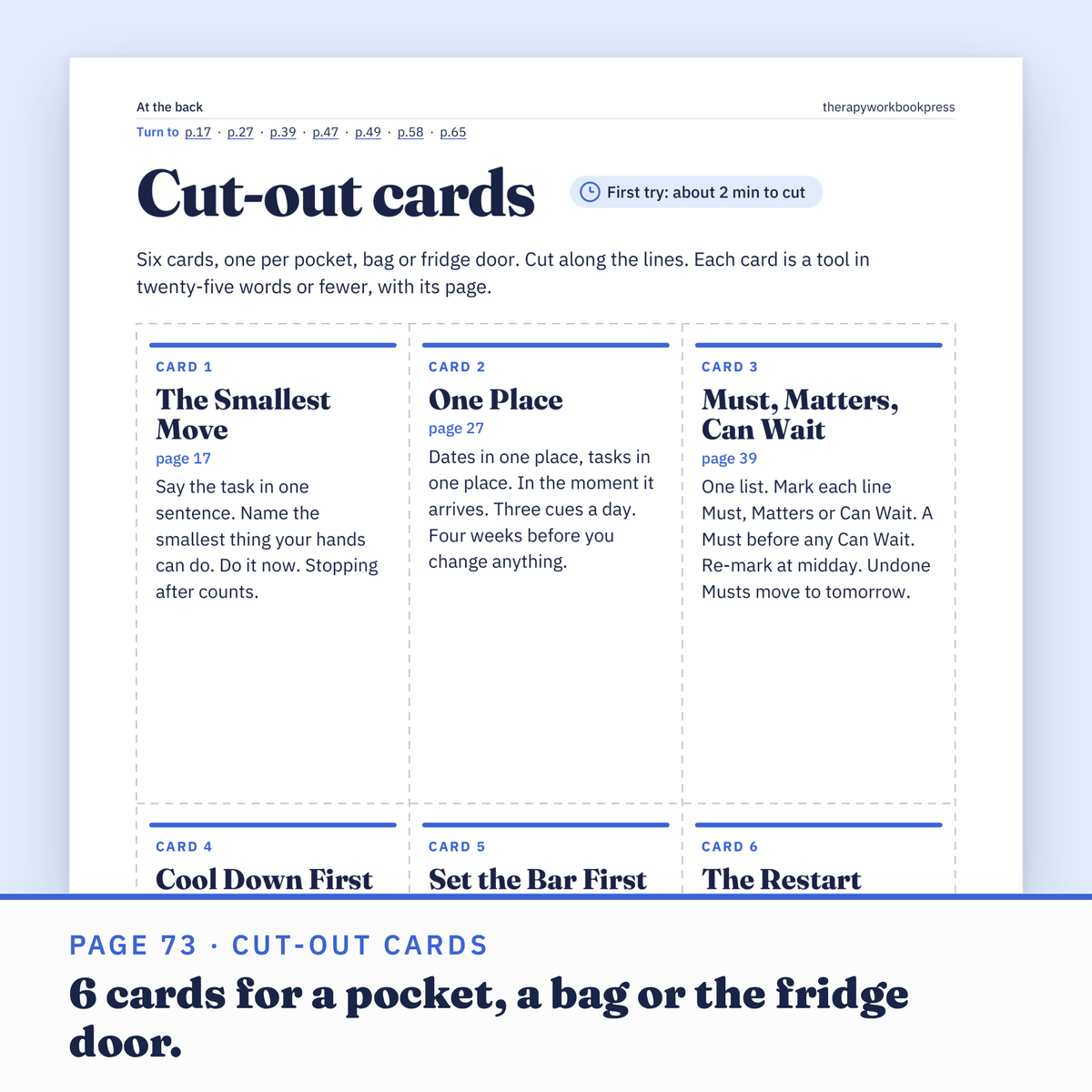 Page 73 of the workbook: 6 cut-out cards, each a tool in 25 words or fewer with its page number