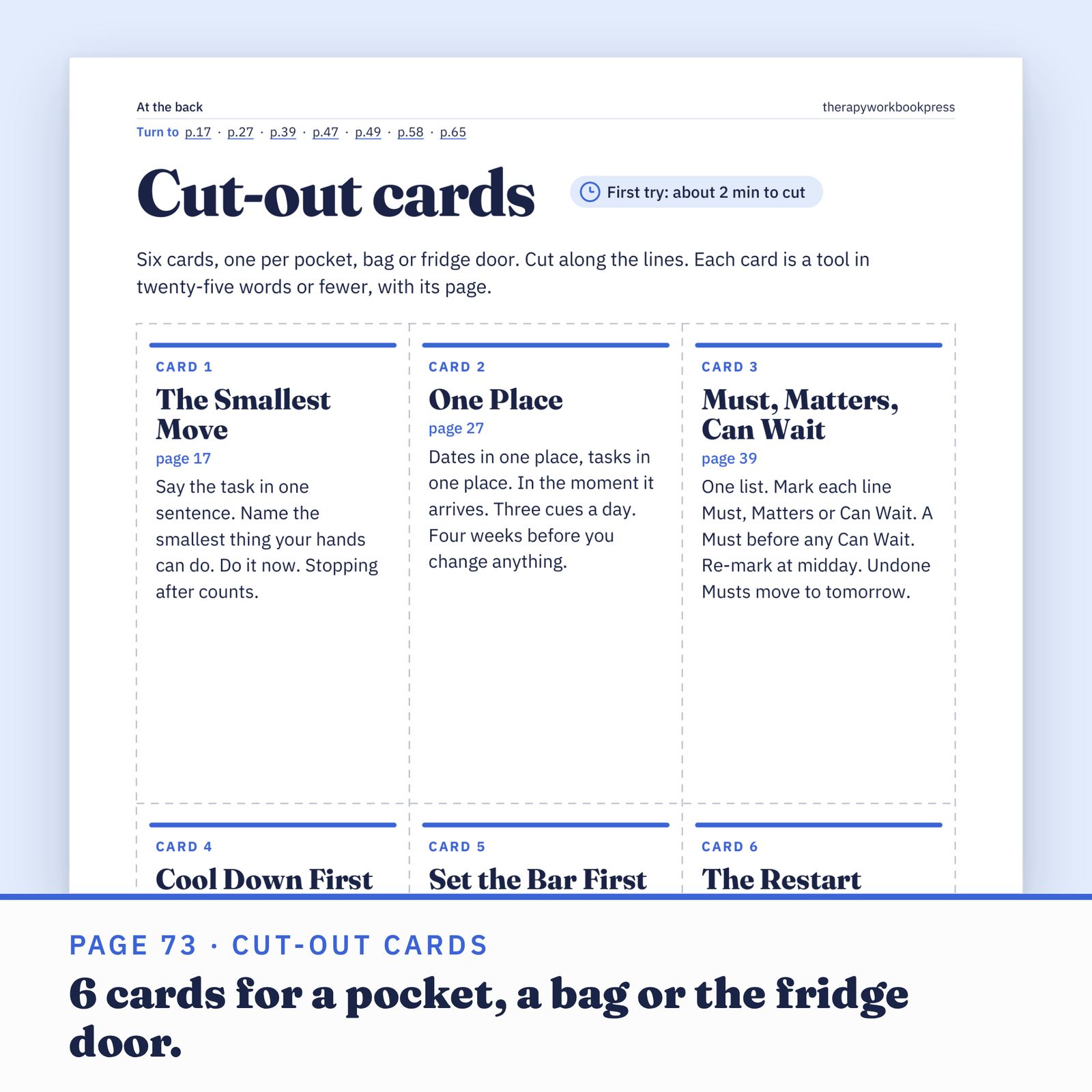 Page 73 of the workbook: 6 cut-out cards, each a tool in 25 words or fewer with its page number