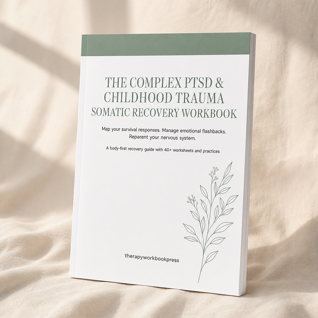 Complex PTSD and childhood trauma recovery workbook, printed cover standing on cream linen