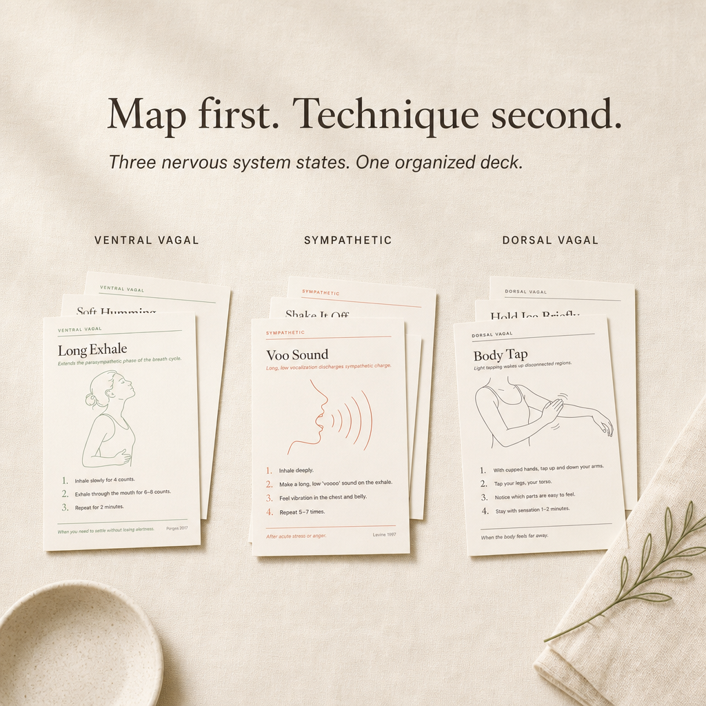 Somatic Coping Cards — 48 Body-First Techniques, Mapped to Your Nervous System State