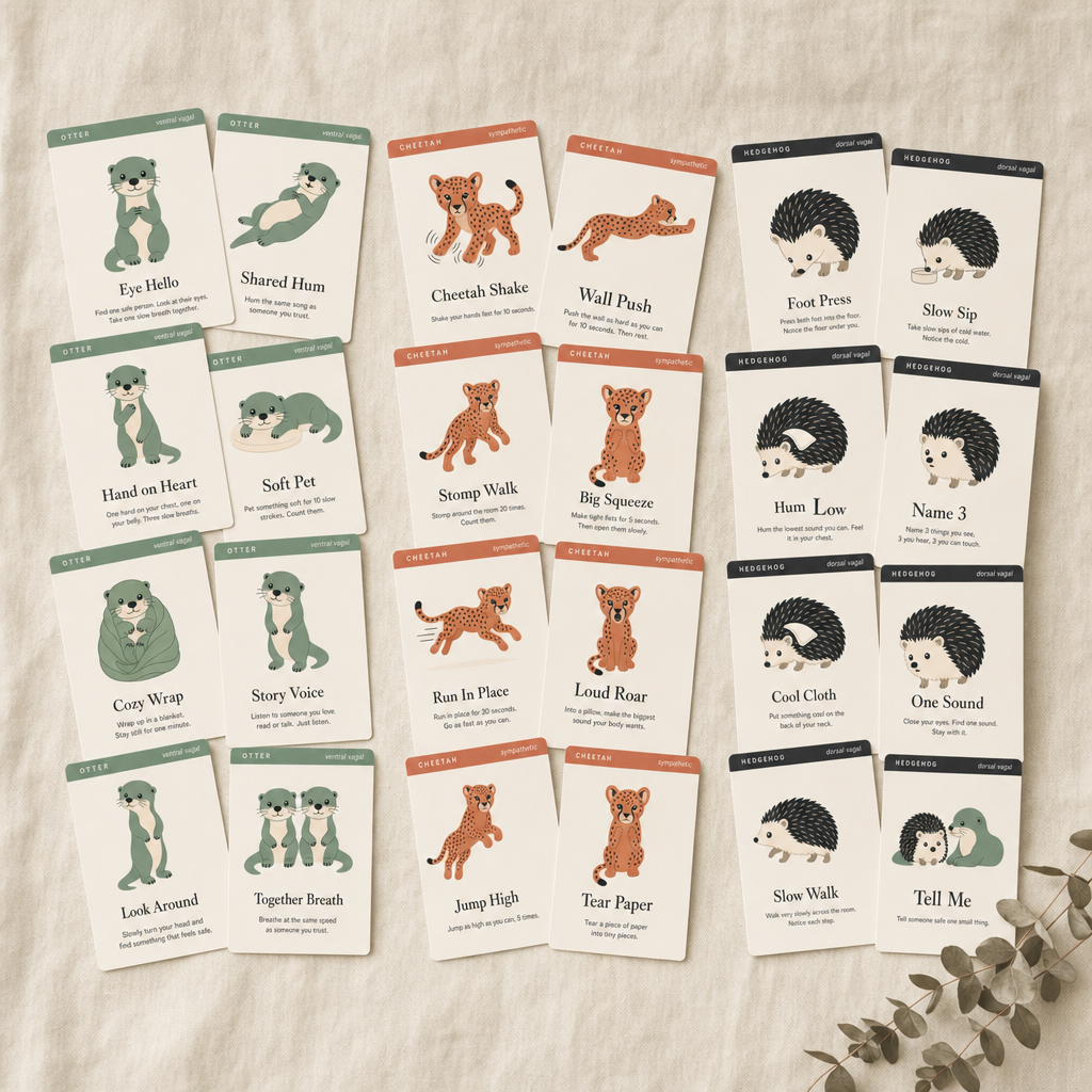 Three Friends Coping Cards — A Polyvagal-Informed Regulation Deck for Children (32 Cards)